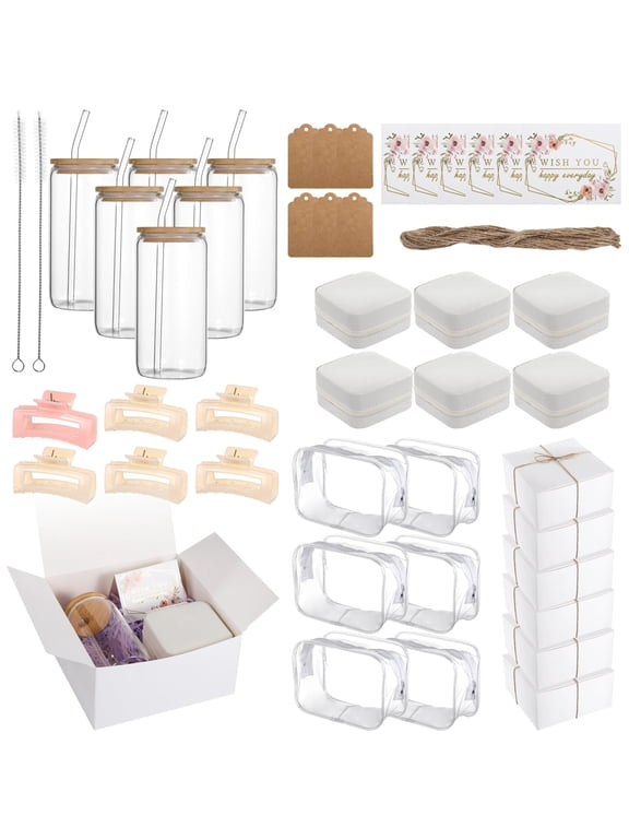 6 Sets Bridesmaid Proposal Presents, Wedding Present Set, Includes 16.9 oz Glass Cups, Jewelry Boxes, Makeup Bags, Cards, Hair Clips, Tags, and White Present Boxes, Maid of Honor Presents