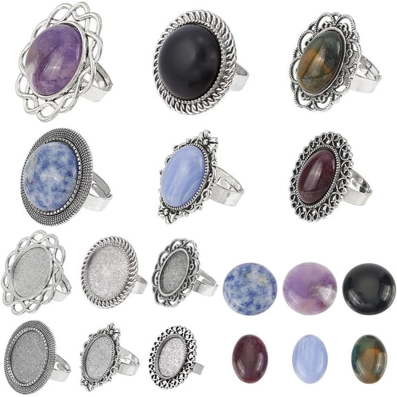 6 Sets Cabochon Ring Kit Cabochon Ring Setting Adjustable Stone Cabochon Rings Healing Energy Agate Amethyst Gemstone Silver Finger Rings for Jewelry Making Kits DIY Supplies Silver DIY
