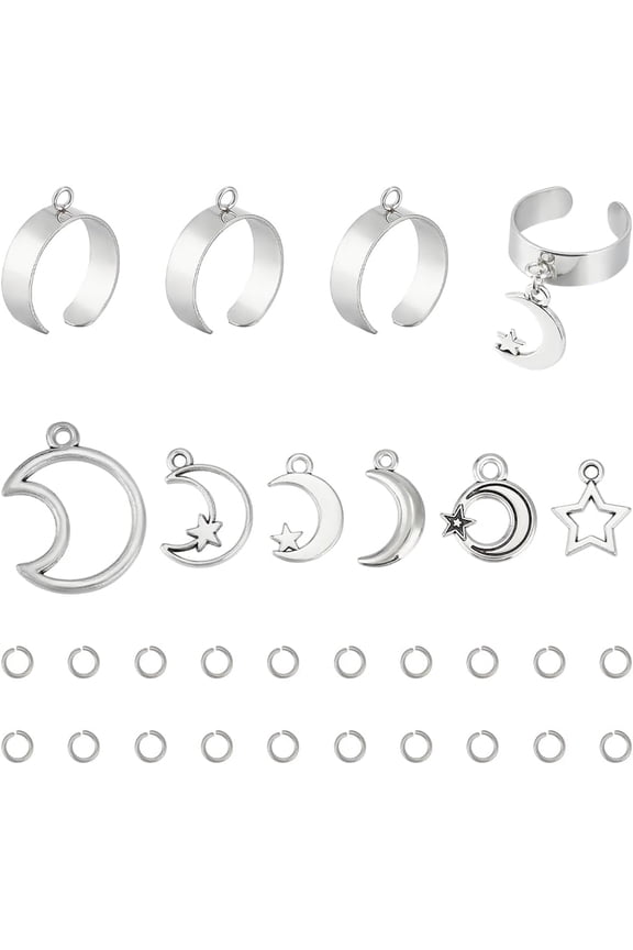 6 Sets Charm Ring Stainless Steel Women's Ring Ring and Pendants Adjustable Rings with Moon Star Charms Open Cuff Finger Ring Components for Ring Jewelry Making Antique Silver Stainless Steel Color