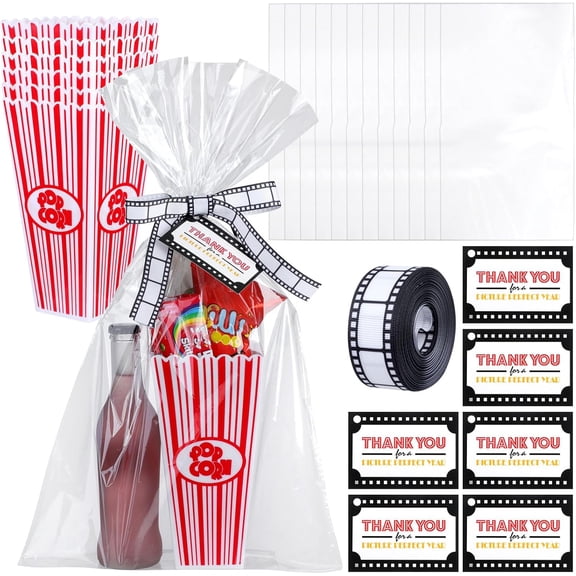 6 Sets Christmas Movie Night Popcorn Gifts Basket 4''x8'' Plastic Movie Night Popcorn Empty Bucket Box Cellophane Wrap Bag with Gift Card and Filmstrip Ribbon for Teacher Appreciation Gift
