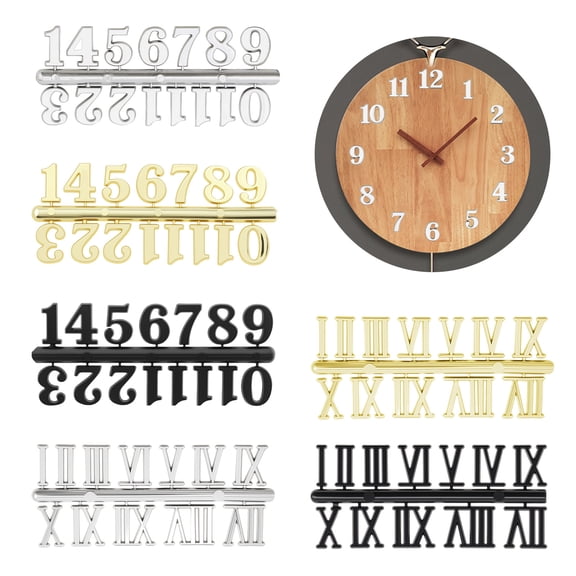 6 Sets Clock Numerals Kit, Arabic and Roman Numbers Clock DIY Accessories Wall Clocks Face Making Parts for Design Repair Replacement (Gold, Silver, Black)