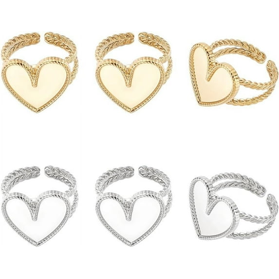 6 Sets DIY Blank Dome Heart Cuff Ring Making Kit 304 Stainless Steel Open Ring Setting Heart Metal Ring Blanks Cabochon Ring Base Settings Tray Bezels for Jewelry Making