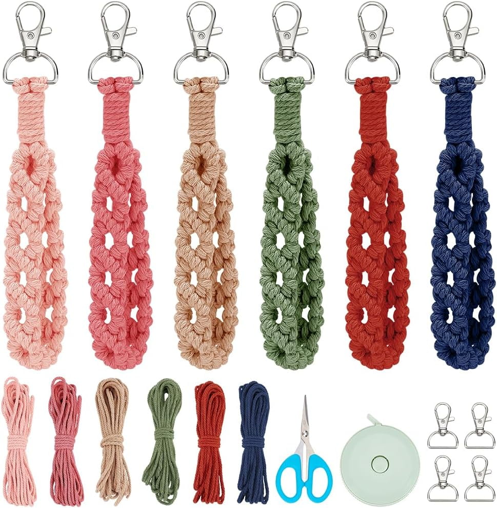 INFUNLY 8 Set DIY Macrame Wristlet Sleutelhanger Kits voor Volwassenen Kleurrijk Macrame Koord Knoop Kit Boho Mini Macrame Kwast Sleutelhanger met Instructie Video voor Auto Sleutel Tas Telefoon