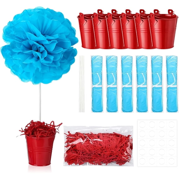 6 Sets Dr Theme Party Decoration DIY Whimsical 3D Table Centerpieces Decor with Pom Poms Flowers Bucket Raffia Grass for Classroom Reading Event Dr Baby Shower Storybook Theme Party Decor