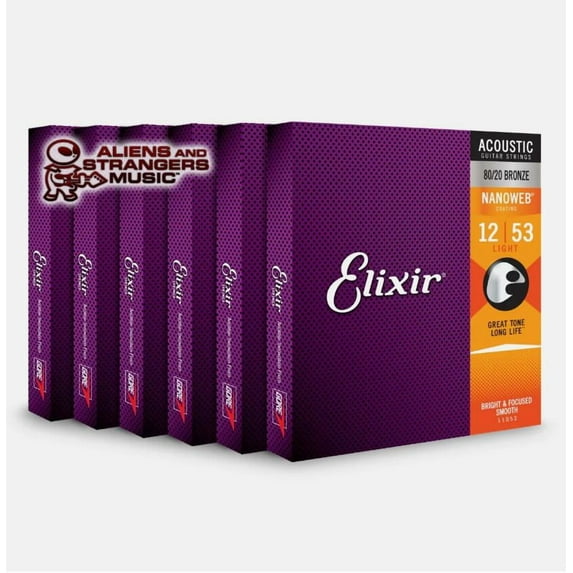 6 Sets! Elixir NANOWEB 80/20 Bronze Acoustic — 11052 Light .012-.053