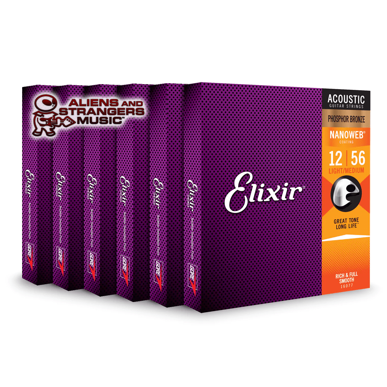 6 Sets! Elixir NANOWEB Phosphor Bronze Acoustic — 16077 Light/Medium .012-.056