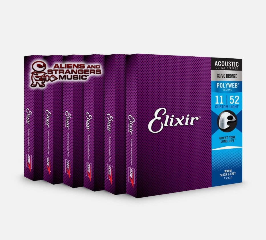 6 Sets! Elixir POLYWEB 80/20 Bronze Acoustic — 11025 Custom Light .011-.052