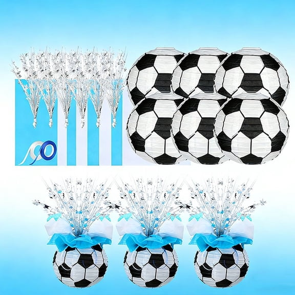 6 Sets of Football-Themed Lantern Centerpieces - Including Football-Shaped Lanterns, Silvery Bouquet Decorations, And Ribbons, Specifically Designed for Football-Themed Centerpieces