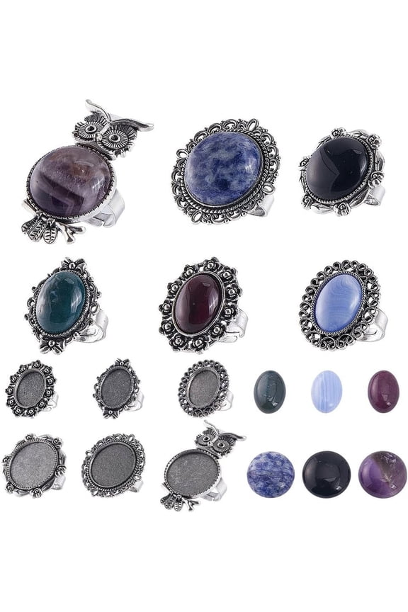 6 Sets Gemstone Cabochon Ring Kit Adjustable Ring Blanks Healing Energy Agate Amethyst Cabochon Stones Oval Ring Blank Stone Cabochon Rings for Jewelry Making Kits Women DIY Supplies DIY