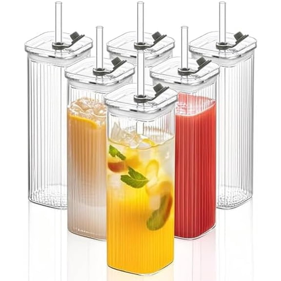 6 Sets Glass Cups with Lids & Straws, Square Ribbed Drinking Glasses with Lids, Clear Highball Tumblers for Cocktail, Coffee, Juice, Beer, Modern Mixed Drinkware Jars