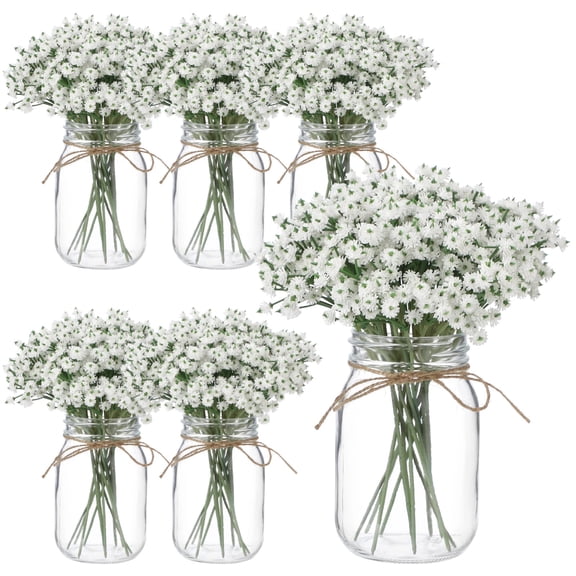 6 Sets Glass Jar Table Centerpieces, Glass Flower Vases with Artificial Starflower Stems & Jute Twine, Table Decoration Set for Weddings, Bridal Showers, Parties