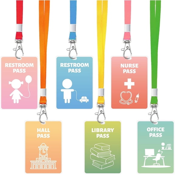 6 Sets Hall Pass Lanyards Unbreakable School Passes Coloful Cute Bathroom Passes for Classrooms Restroom Library Office Nurse School Teacher