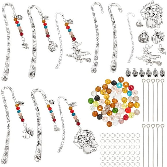 6 Sets Hook Bookmarks DIY Kits Carved Metal Bookmark Beadable Bookmark Pumpkin Charms Beaded Book Marks Gift Book Lovers Students Teachers School Project Crafts Table Supplies