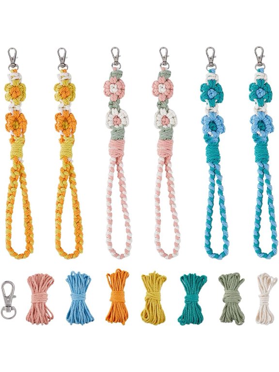 6 Sets Keychain Making Kit Macrame Keychain Kit Flower Wristlet Keychain Bulk Macrame Keychains with Instructions Boho Macrame Kits for Beginners Adults Handbags DIY Hanging Ornament Decor