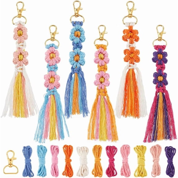 6 Sets Keychain Making Kits Flower Macrame Keychain Kits with Tassel Woven Keychain Kit Instruction Included Boho Macrame Kits