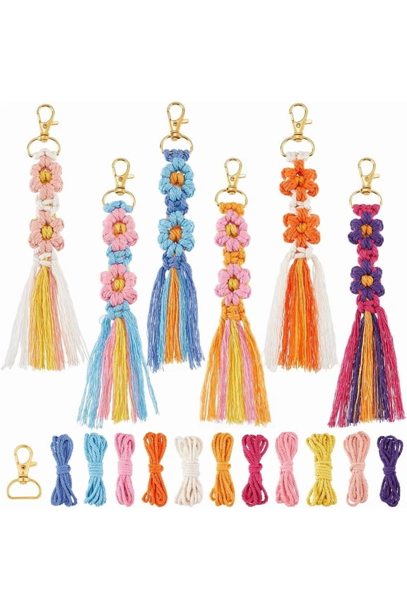 6 Sets Keychain Making Kits Flower Macrame Keychain Kits with Tassel Woven Keychain Kit Instruction Included Boho Macrame Kits