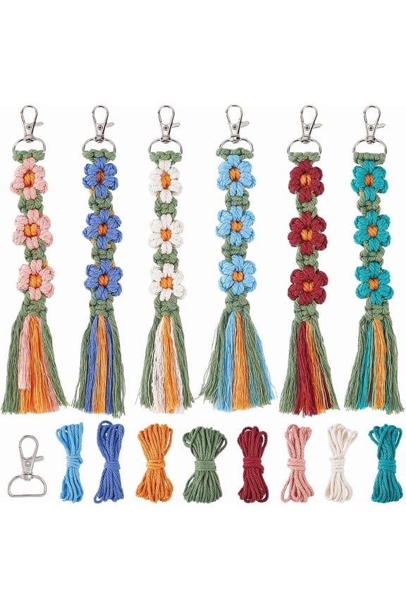6 Sets Keychain Making Kits Macrame Keychain Kit Daisy Flower Keychain with Instruction Boho Tassel Keychains Flowers Macrame Kits Hanging Ornament Decor Mixed Color