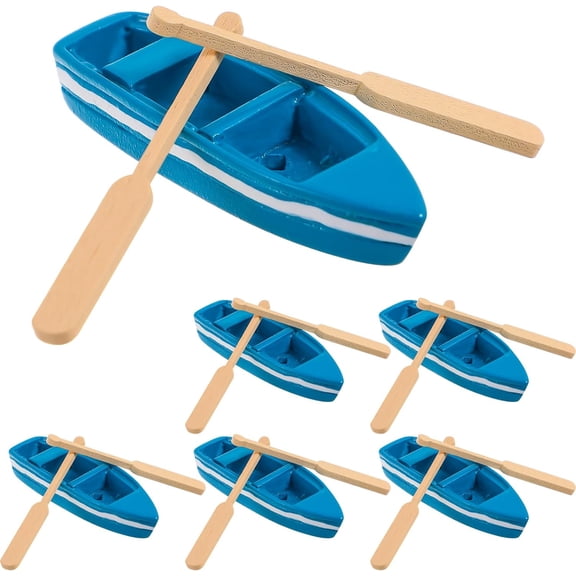 6 Sets Miniature Rowboat Mini Blue Wood Boat with Oars Canoe Model Figurines Fairy Garden Miniatures Nautical Home Decorations (Boat+2 Paddles)