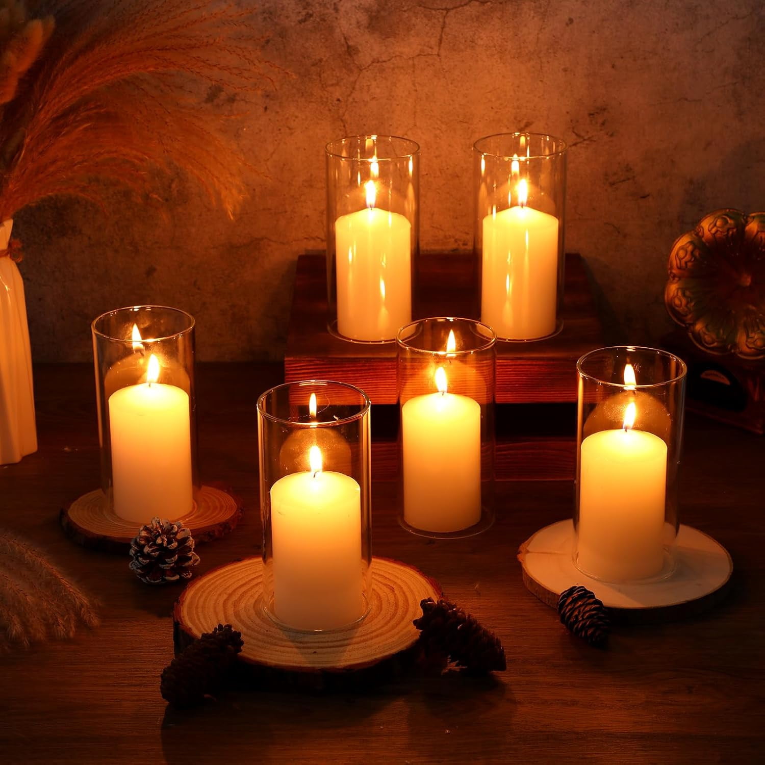 6 Sets Open Ended Hurricane Candle Holders with Pillar Candles