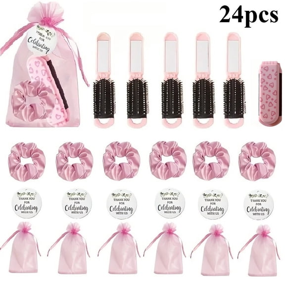 6 Sets Pink Spa Party Favor, Foldable Hair Brush with Mirror, Bow Headbands, Thank You Cards and Organza Bags, Bridal Shower Gifts for Women, Summer Party Favors, Wedding Celebration Accessories