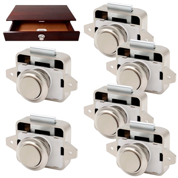 6 Sets Push Button Latches, Keyless Push Locks for RV Drawer Cabinet Door, Cupboard Catch Set with Strike Plates & Screws, Metal Plated Plastic Push Locks for RV Motorhome Caravan Camper Yacht Home