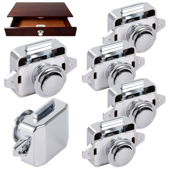 6 Sets Push Button Latches, Keyless Push Locks for RV Drawer Cabinet Door, Cupboard Catch Set with Strike Plates & Screws, Metal Plated Plastic Push Locks for RV Motorhome Caravan Camper Yacht Home