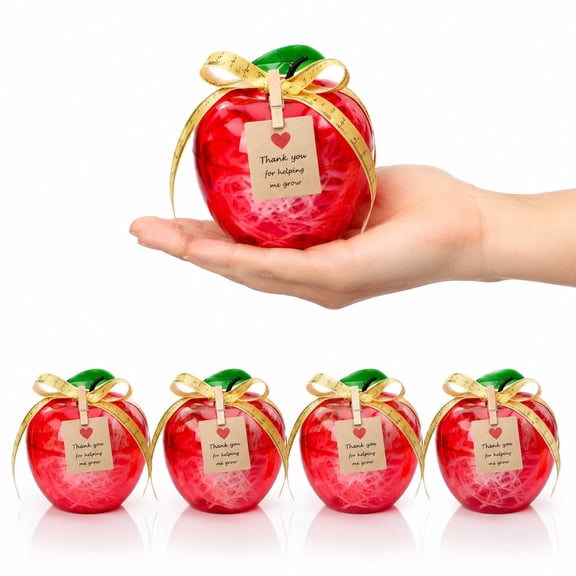 6 Sets Red Apple Candy Containers with Cards and Raffia, Apple Shaped Treat Boxes with Clear Lids and Ribbon, Decorative Gift Containers for Appreciation, Party Favors, Holiday Decor Office Gifts