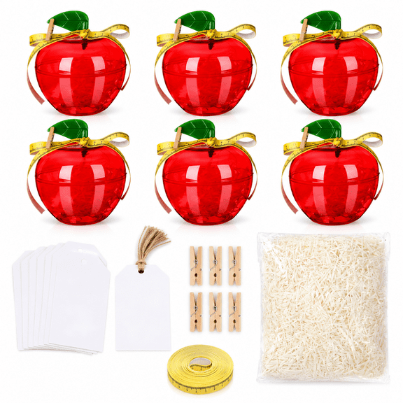 6 Sets Red Apple Shaped Candy Jars, Plastic Treat Containers with Thank You Cards Raffia Ribbon Clips for Teacher Appreciation, Party Favors, Holiday Decor, Bulk Gift Packaging Set