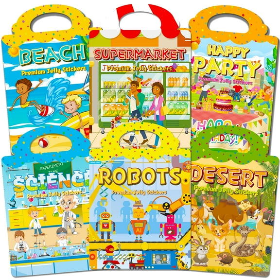 6 Sets of Reusable Jelly Stickers Books - Perfect for 3-6 Year Olds Jelly Stickers Books - Airplane and Car Travel Toys Educational Gifts for Boys and Girls