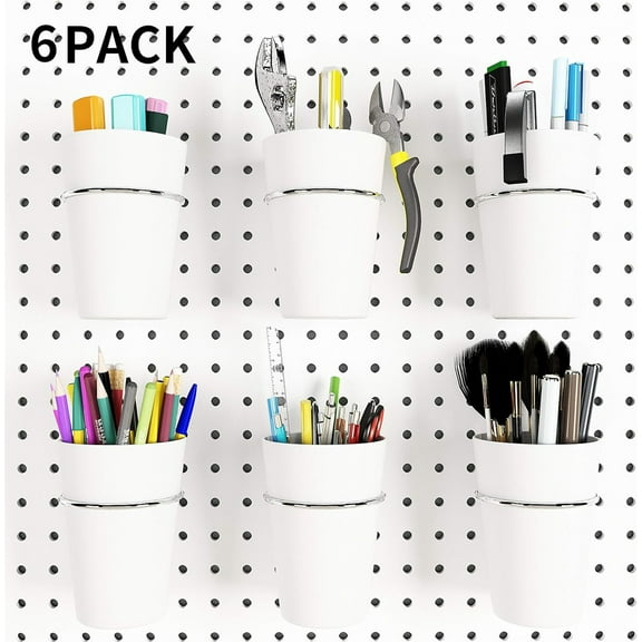 6 Sets Ring Style Pegboard Cups,2.7x4In White Pegboard Bins Pegboard Cups with Hooks,Storage Tools Cup for Organizing Storage
