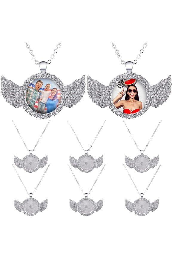 6 Sets Sublimation Blank Photo Necklaces Picture Necklaces, Round Wing Pendant Necklaces with Picture for Men Women Necklaces