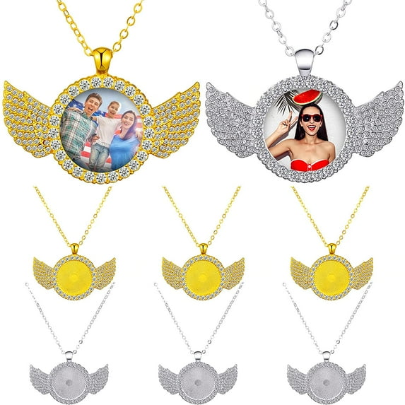 6 Sets Sublimation Blank Photo Necklaces Picture Necklaces, Round Wing Pendant Necklaces with Picture for Men Women Necklaces