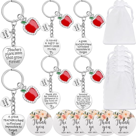 6 Sets Teacher Gifts Teacher Appreciation Gifts Rhinestone Keychain Organza Bags with Thank You Cards for Women Teachers Christmas Valentine's Day Thanksgiving Graduation