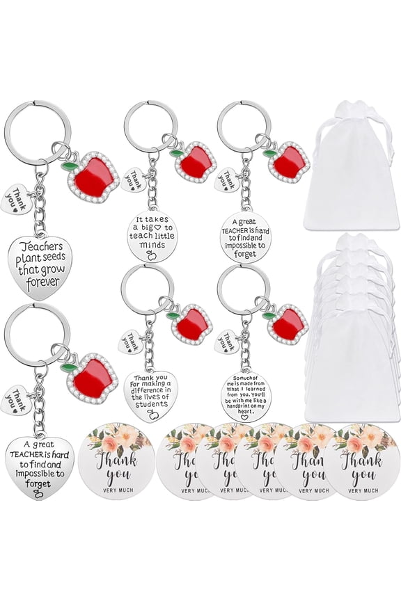 6 Sets Teacher Gifts Teacher Appreciation Gifts Rhinestone Keychain Organza Bags with Thank You Cards for Women Teachers Christmas Valentine's Day Thanksgiving Graduation