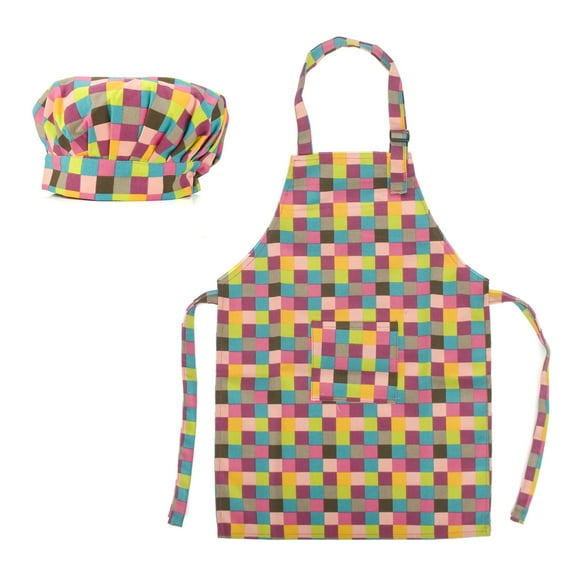 6 Sets Toptie Colorful Cotton Canvas Kids Aprons and Hat Set (S-XXL)-Grid-XXL