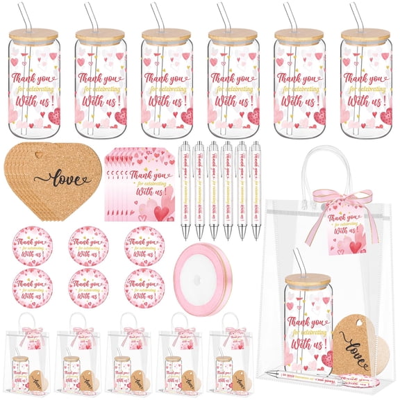 6 Sets Valentines Baby Shower Prizes for Game Pink Red Hearts Baby Shower Guest Gifts Including Tumbler Coaster Mirror Pen Gift Bag Thank You Card for Birthday Valentines Themed Gender Reveal Y101