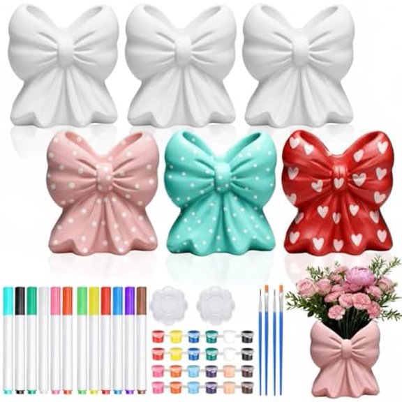 6 Sets Valentines Day Paint Your Own Coquette Bow Vase Ceramic Blank Bow Porcelain Paint Vase Art Project White Ceramic Painting Kit for Adults Porcelain Decorating Kit with Art Supplies DIY