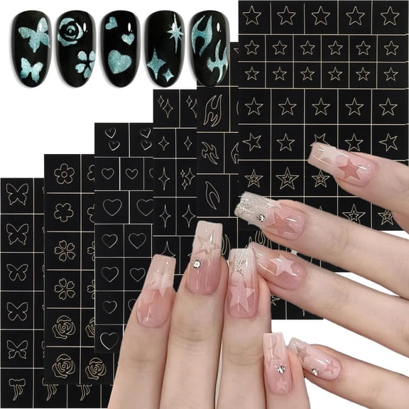 6 Sheet Airbrush Stencil for Nails, Heart Star Flower Butterfly Bow Flame Nail Art Stickers, French Design Hollow Nail Airbrush Templates, Decals Supplies for Manicure Decoration DIY Tools