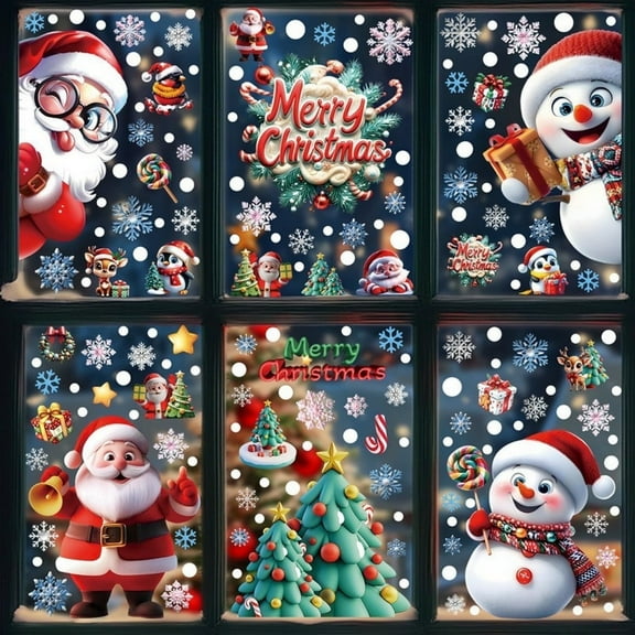 6-Sheet Christmas Window Clings - 3D Double-Sided Static Stickers with Snowman, Santa, Snowflake & Tree Designs for Glass Windows & Mirrors (Multicolor)