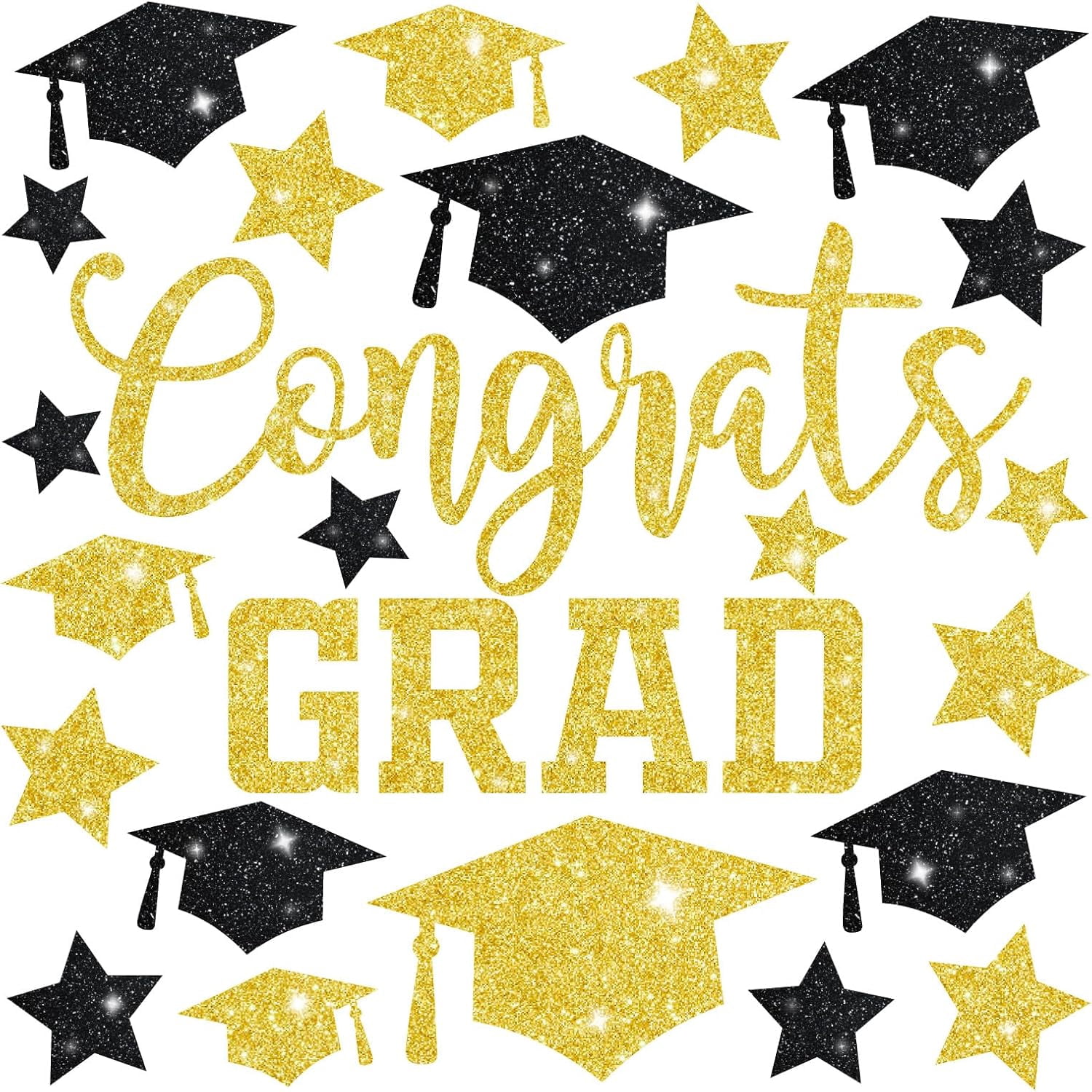 Graduation Window Display 6 Sheet Glitter Graduation Window Clings Black Gold Grad Hat Star ...