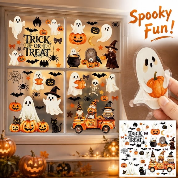 6-Sheet Halloween Static Cling Window Decals, Ghost Pumpkin Bat Window Stickers for Glass Windows, Reusable Double-Sided Holiday Glass Decor