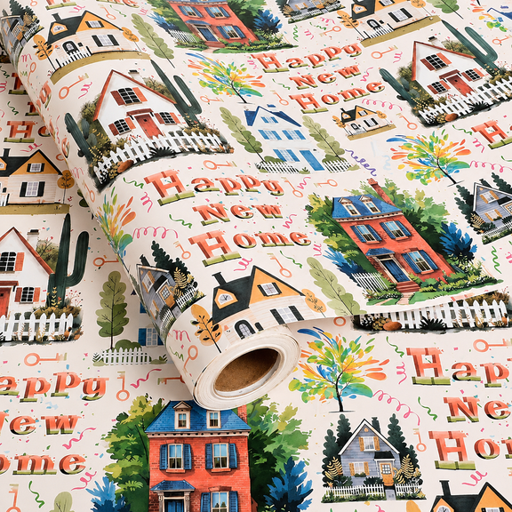 6-Sheet Happy New Home Wrapping Paper Set, 17 x 40 in Each, Colorful House and Key Gift Wrap for Housewarming Parties, 28.3 sq ft