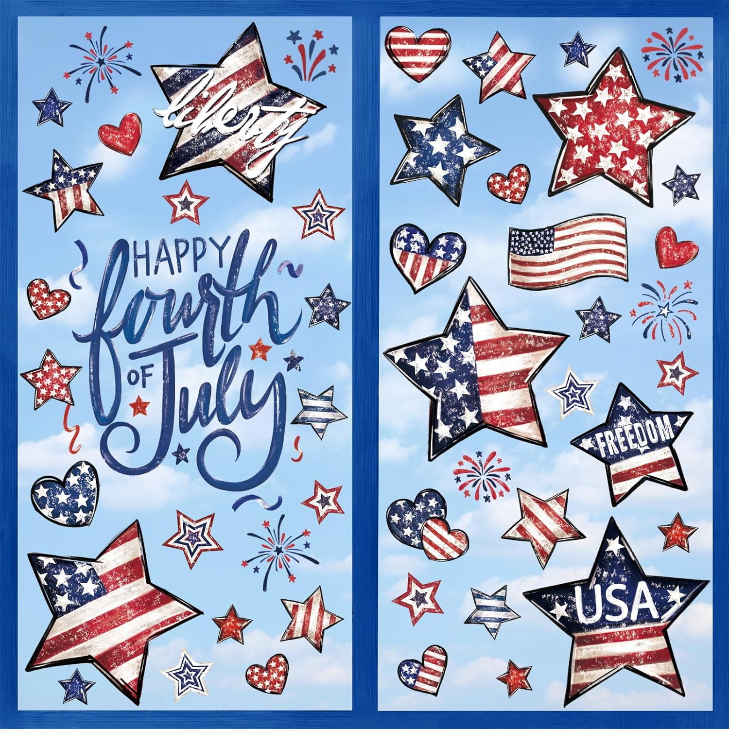 6 Sheet Patriotic Window Clings 4th of July Window Decals Retro Style USA Stars Flag Firework Decor for Independence Day Home Party Glass Mirror Decoration