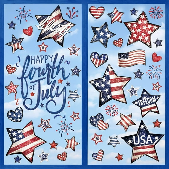 6 Sheet Patriotic Window Clings 4th of July Window Decals Retro Style USA Stars Flag Firework Decor for Independence Day Home Party Glass Mirror Decoration