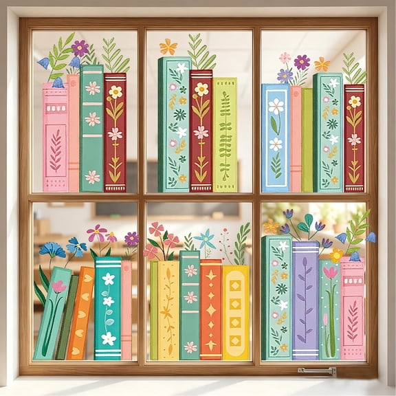 6 Sheet Bookshelf Window Clings Classroom Wildflower Books Spring Window Stickers Double Sided Glass Decals for Back to School First Day of School Library Nursery Home Office Decor