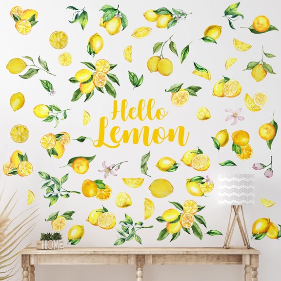 6 Sheet Summer Lemon Wall Decals Peel and Stick Lemon Wall Stickers Boho Fruit Flower Botanical Leaf Decals Yellow Green Lemonade Wallpaper Summer Stickers for Kitchen Living Dining Room