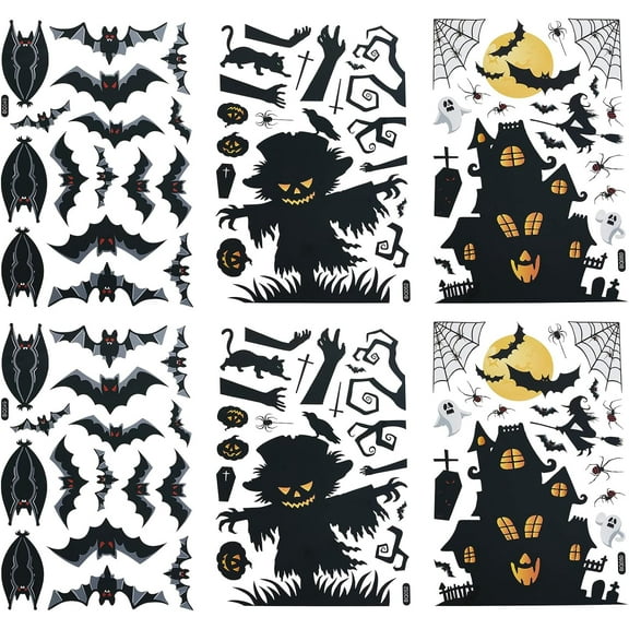 6 Sheets 11.8"x7.8" Window Clings Static Skeleton Ghosts Bats Spider Web Pumpkin Tombstone Stickers Decals Decorations for Window Glass Door Haunted House Party