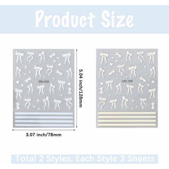 6 Sheets 2 Colors Bowknot Self Adhesive Nail Art Stickers Decals Nail Art Decoration Mixed Color 12.8x7.8cm 3 Sheets/Colors