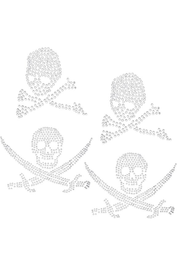 6 Sheets 2 Style Pirate Style Skull Glitter Hotfix Rhinestone Iron on Patches Dress Shoes Garment Decoration Crystal 80x77~115x1.5mm 3sheets/style