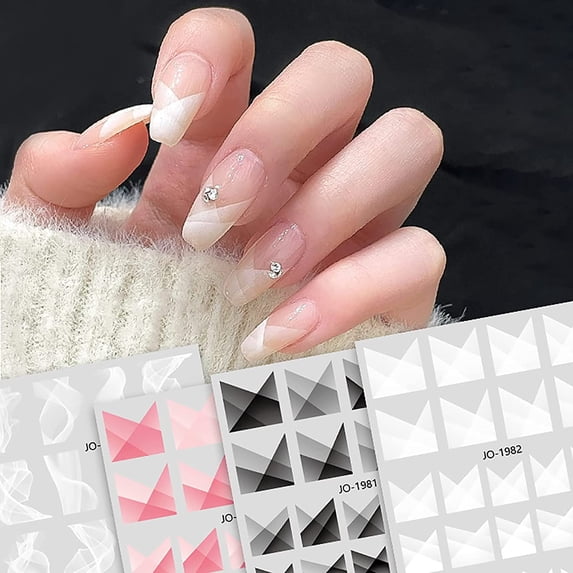 6 Sheets 3D French Nail Tip Stickers Decals Self-Adhesive Semi Transparent Gradient Check Pattern Black and White Halo Dyeing Stripe Nails Tips for Women Girls DIY French Nail Tips
